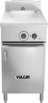 A stainless steel electric cooker with a deep rectangular basin, two control knobs, and a digital display above a cabinet door. The “Vulcan” brand is labeled on the front. This multifunction cooker stands on four sturdy legs.