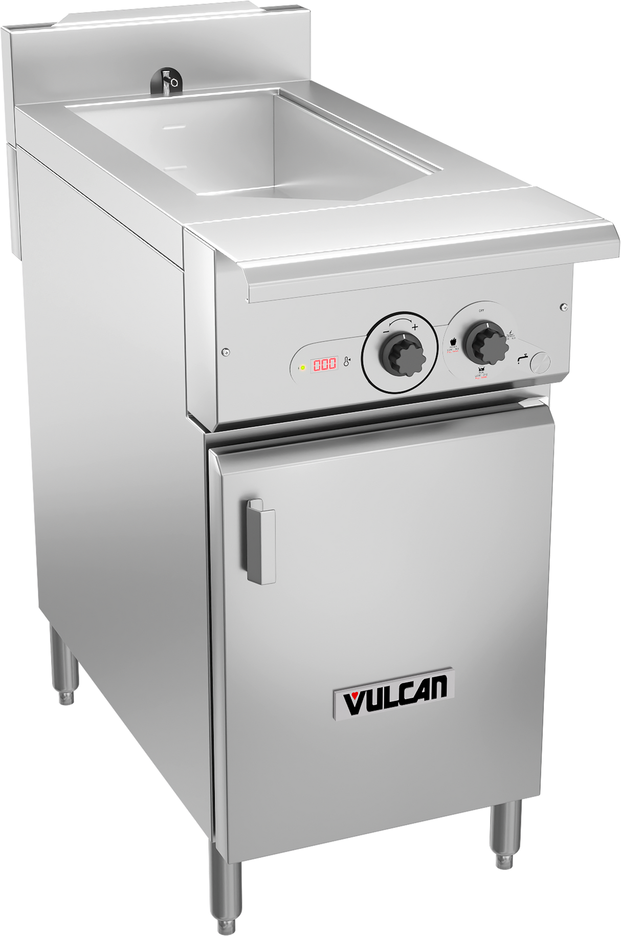 A commercial stainless steel multifunction cooker with a deep rectangular basin on top, two control knobs, a digital display, and a door labeled Vulcan. This electric cooker stands on four legs and features a sleek, industrial design.