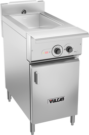 A commercial stainless steel multifunction cooker with a deep rectangular basin on top, two control knobs, a digital display, and a door labeled Vulcan. This electric cooker stands on four legs and features a sleek, industrial design.