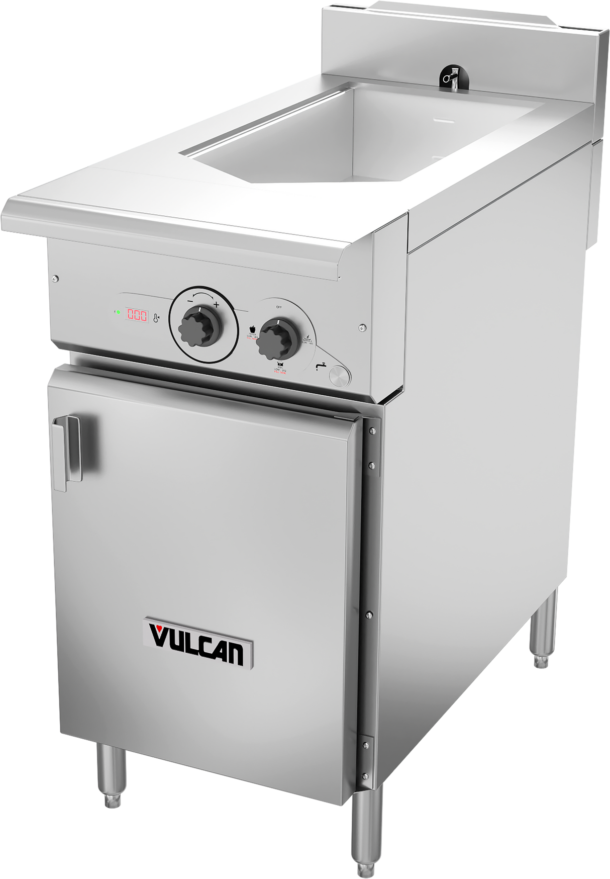 A commercial stainless steel tilt skillet multifunction cooker with control knobs, digital display, and a front-facing Vulcan door. It stands on four adjustable legs and features a deep cooking basin with a raised backsplash.