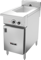A commercial stainless steel tilt skillet multifunction cooker with control knobs, digital display, and a front-facing Vulcan door. It stands on four adjustable legs and features a deep cooking basin with a raised backsplash.