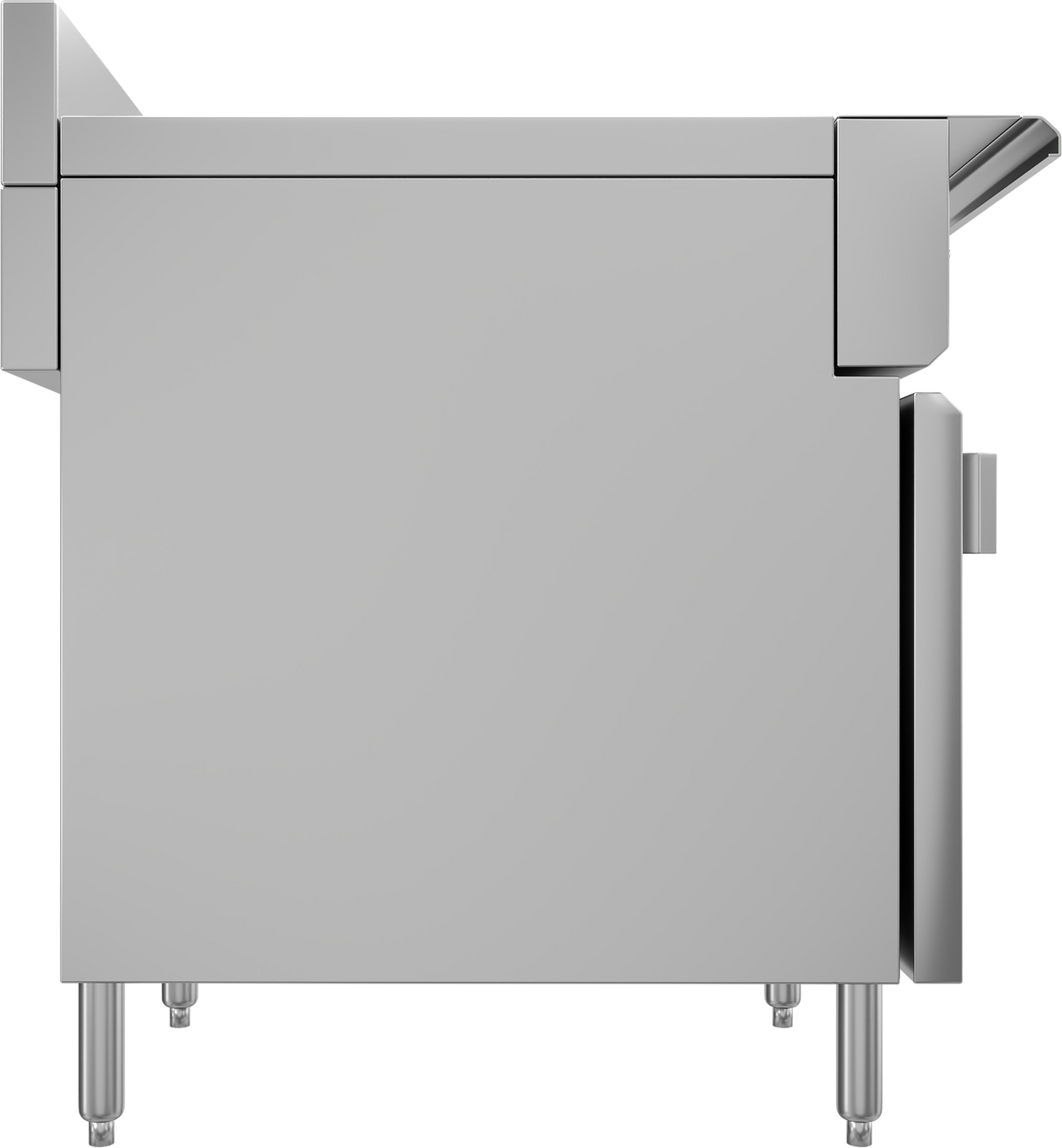 Side view of a large, stainless steel electric cooker with four sturdy legs, a flat rectangular body, and a control knob on the right side. The surface is smooth and reflective, featuring an extended section on the upper right.