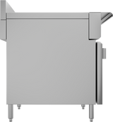 Side view of a large, stainless steel electric cooker with four sturdy legs, a flat rectangular body, and a control knob on the right side. The surface is smooth and reflective, featuring an extended section on the upper right.