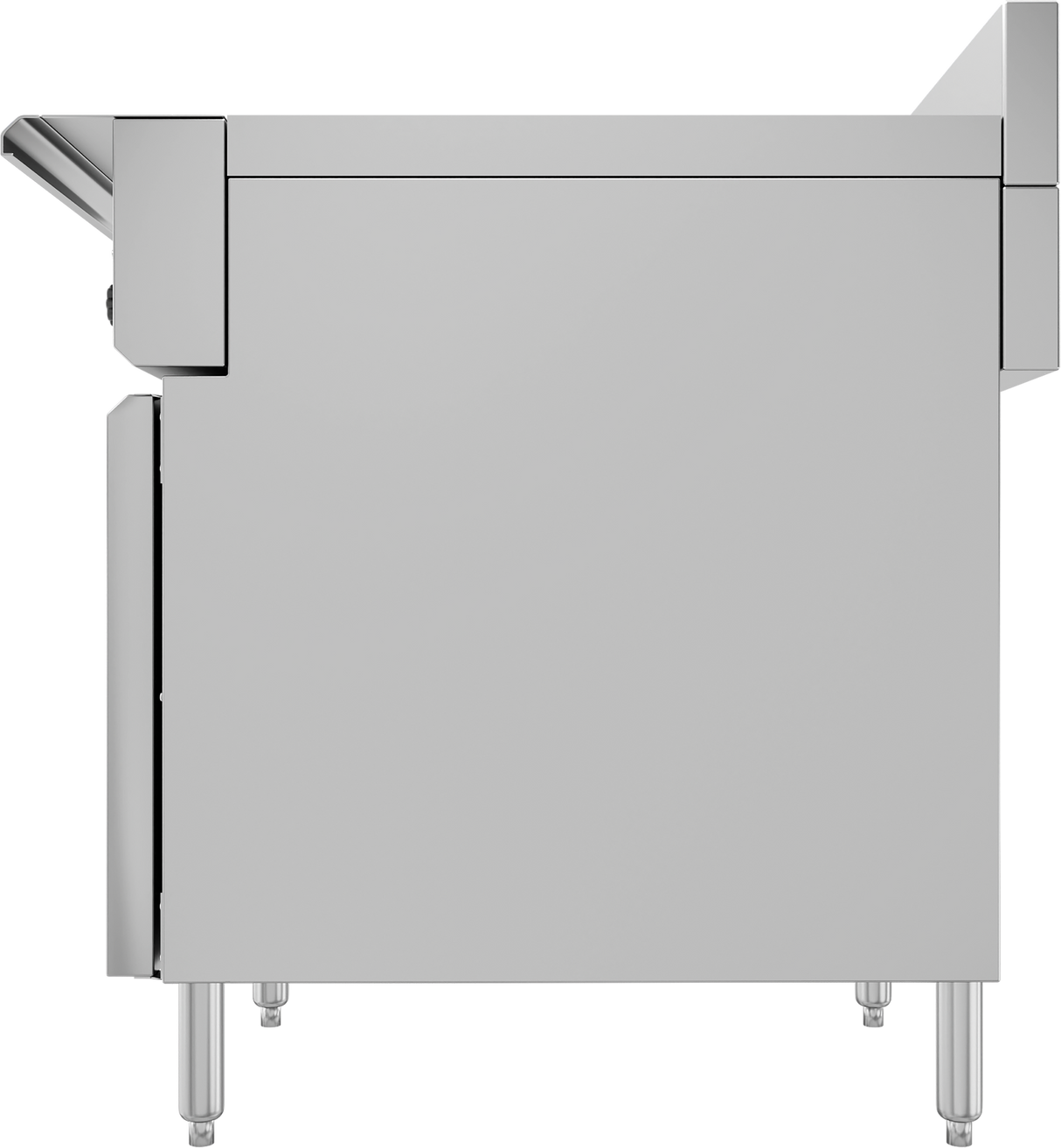 Side view of a commercial stainless steel electric cooker, featuring metal legs, flat surfaces, and a metallic backsplash. The sleek design with visible seams and joints reflects a modern industrial style.
