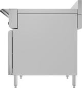 Side view of a commercial stainless steel electric cooker, featuring metal legs, flat surfaces, and a metallic backsplash. The sleek design with visible seams and joints reflects a modern industrial style.