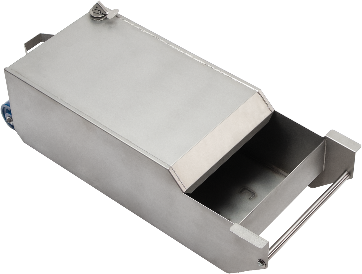 A stainless steel container with a handle, hinged lid, and pull-out drawer. The sleek, rectangular box features stainless steel construction and smooth edges, suggesting it is designed for industrial or professional use. The lid is partially closed, revealing the drawer inside.