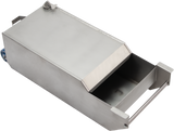 A stainless steel container with a handle, hinged lid, and pull-out drawer. The sleek, rectangular box features stainless steel construction and smooth edges, suggesting it is designed for industrial or professional use. The lid is partially closed, revealing the drawer inside.