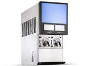 A commercial soft-serve ice cream machine with a silver metallic body, two black dispensing levers, and a blue digital display screen above sits beside a Viper Frozen Beverage Dispenser on a plain white background.