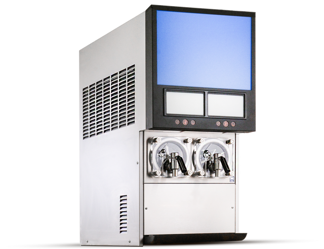 A commercial soft-serve ice cream machine with a silver metallic body, two black dispensing levers, and a blue digital display screen above sits beside a Viper Frozen Beverage Dispenser on a plain white background.