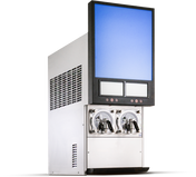 A modern countertop soft serve ice cream machine with a stainless steel body, two side-by-side dispensing levers, a large blue digital display on top, and two smaller inactive screens below—perfect as a frozen beverage dispenser.