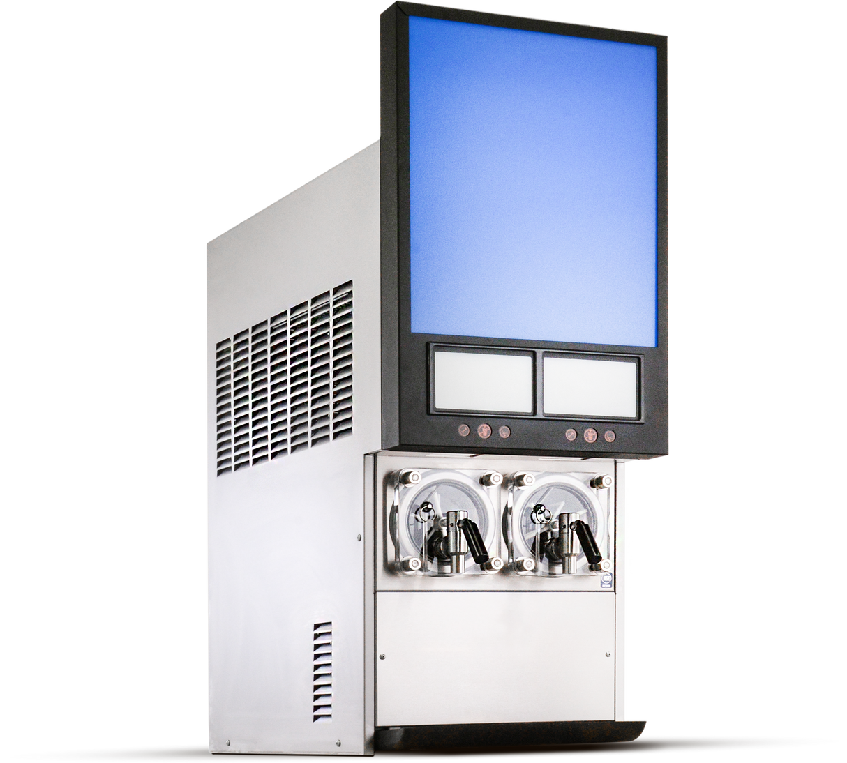 A stainless steel countertop soft serve ice cream and frozen beverage dispenser with two dispensing levers and a large vertical digital screen above two smaller screens. The vented side panel enhances its modern, industrial design, set against a white background.