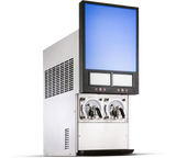 A stainless steel countertop soft serve ice cream and frozen beverage dispenser with two dispensing levers and a large vertical digital screen above two smaller screens. The vented side panel enhances its modern, industrial design, set against a white background.