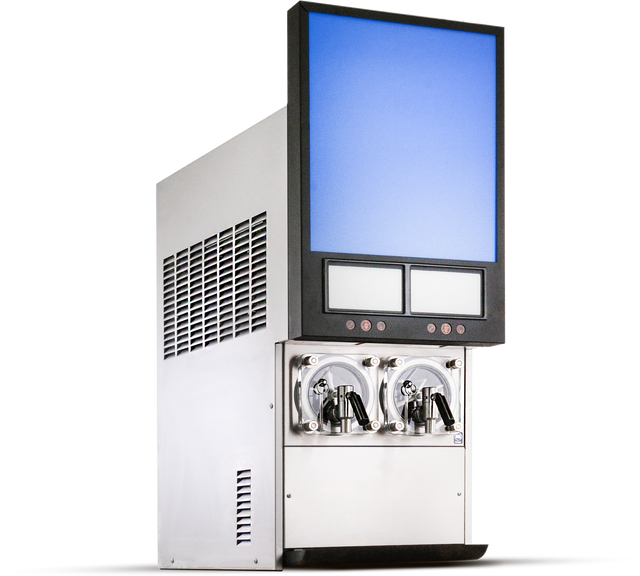 A stainless steel countertop soft serve ice cream and frozen beverage dispenser with two dispensing levers and a large vertical digital screen above two smaller screens. The vented side panel enhances its modern, industrial design, set against a white background.