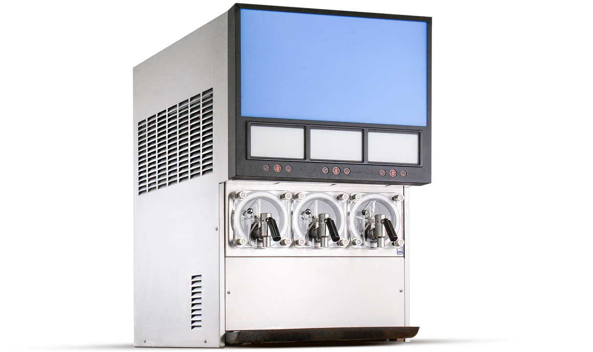 A countertop Frozen Beverage Dispenser with three clear, cylindrical dispensers and black handles sits below a large blue display screen. The metallic, carbonated drink machine features side venting and smaller rectangular screens against a plain white background.