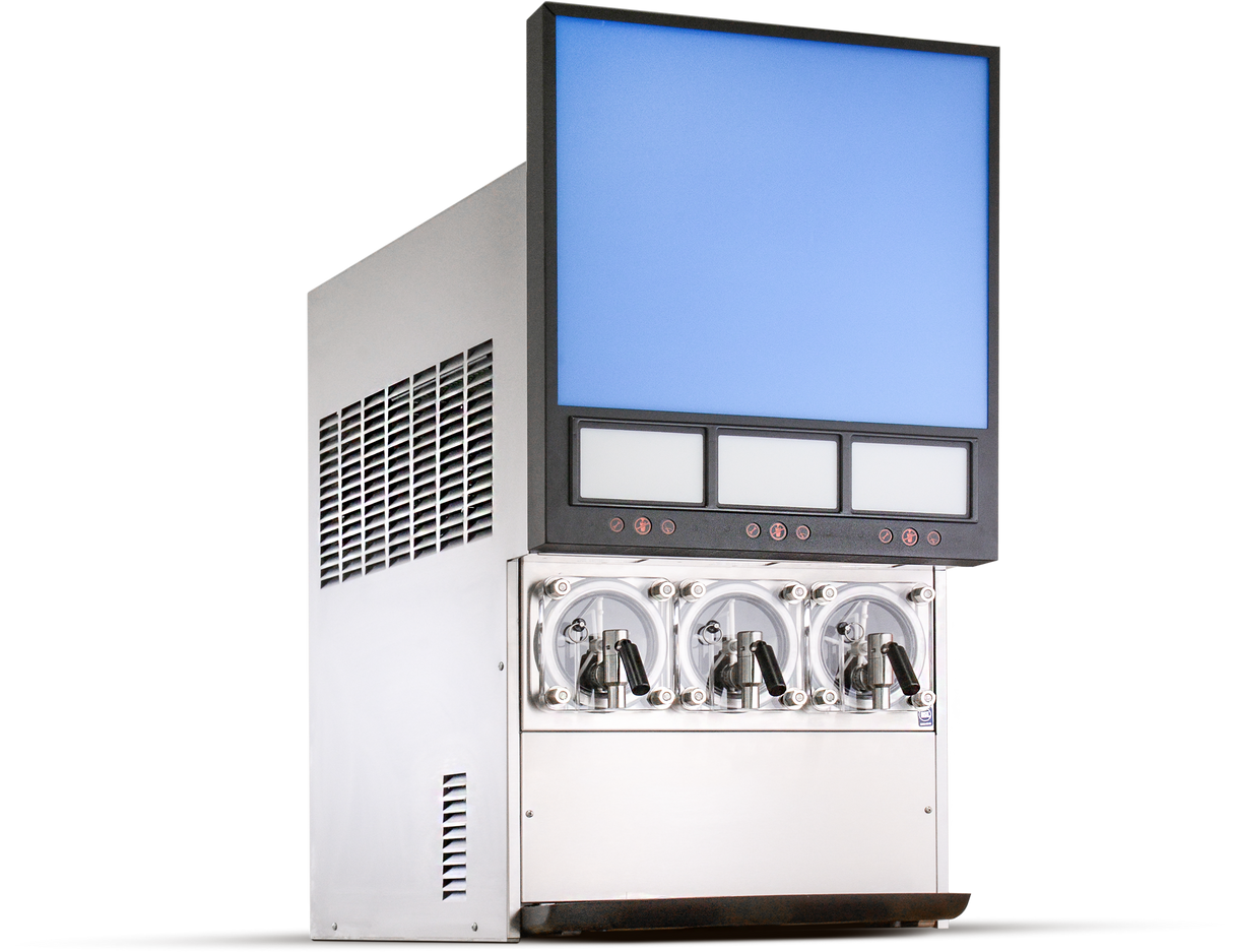 A silver countertop soft serve ice cream machine with three dispensing levers and a large blank rectangular display screen above. The front features three transparent mixing chambers and control buttons, resembling a Frozen Beverage Dispenser. Background is white.
