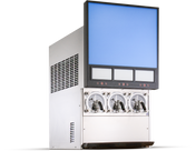 A silver countertop soft serve ice cream machine with three dispensing levers and a large blank rectangular display screen above. The front features three transparent mixing chambers and control buttons, resembling a Frozen Beverage Dispenser. Background is white.