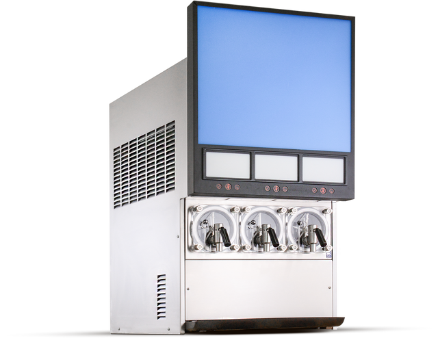 A silver countertop soft serve ice cream machine with three dispensing levers and a large blank rectangular display screen above. The front features three transparent mixing chambers and control buttons, resembling a Frozen Beverage Dispenser. Background is white.