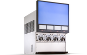 A countertop frozen beverage dispenser or soft-serve ice cream machine with four levers, a large blank blue digital display at the top, and a sleek stainless steel exterior, isolated on a white background.