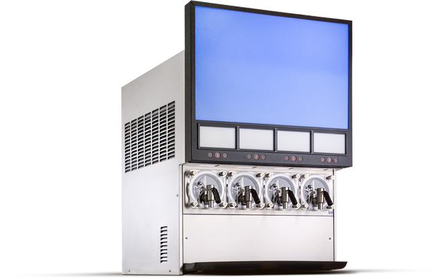 A countertop frozen beverage dispenser or soft-serve ice cream machine with four levers, a large blank blue digital display at the top, and a sleek stainless steel exterior, isolated on a white background.