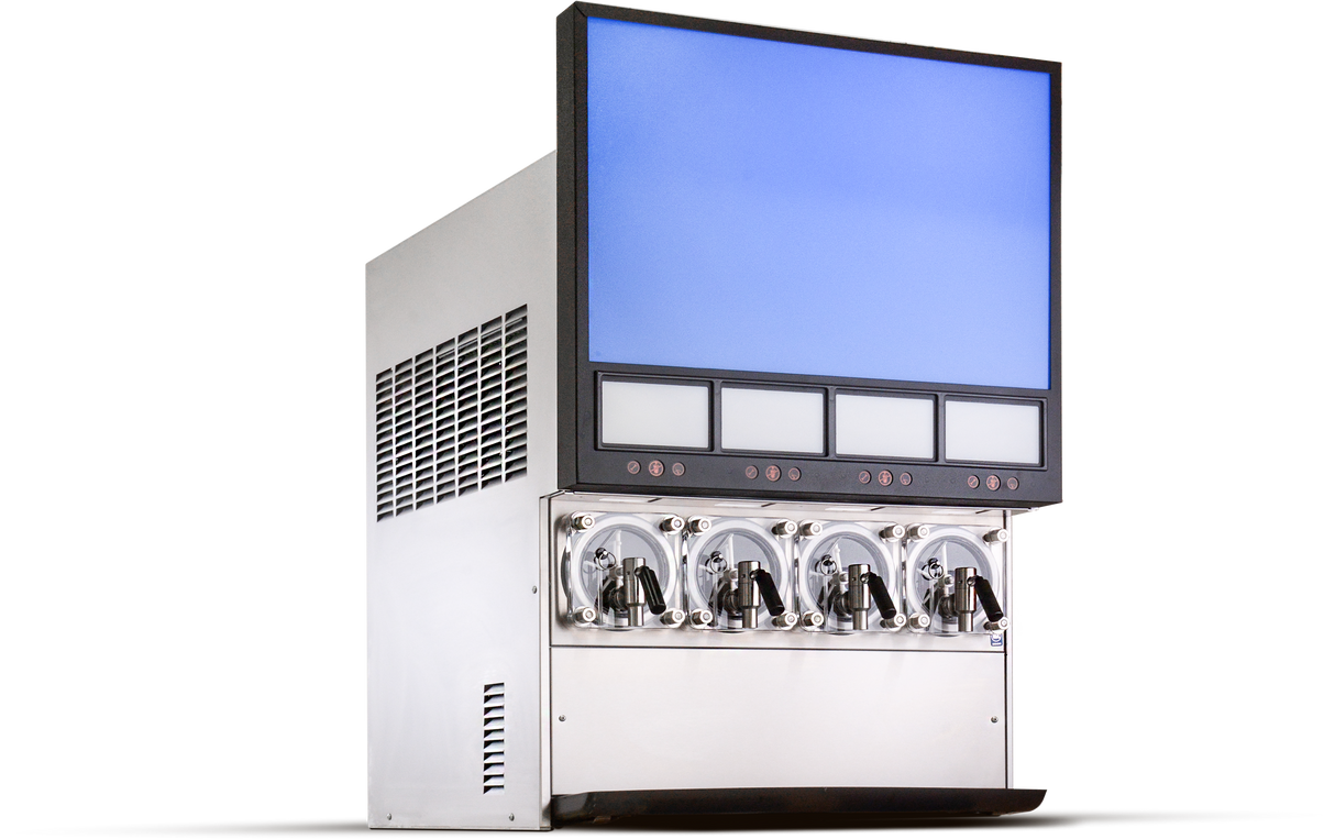 A countertop Frozen Beverage Dispenser with four levers for dispensing, four circular containers, and a large blank digital display screen above. This stainless steel machine features vented side panels and is perfect for serving ice cream or carbonated treats.