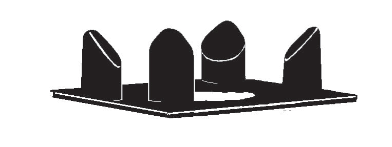 A black and white illustration shows a flat rectangular base, resembling a Vitamix Centering Pad, with four upright, rounded pegs. Each peg features an angled top, diagonally positioning the tallest and shortest for optimal sound reducing support.
