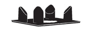 A black and white illustration shows a flat rectangular base, resembling a Vitamix Centering Pad, with four upright, rounded pegs. Each peg features an angled top, diagonally positioning the tallest and shortest for optimal sound reducing support.