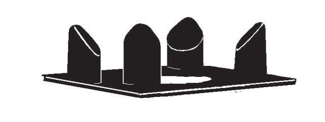 A black and white illustration shows a flat rectangular base, resembling a Vitamix Centering Pad, with four upright, rounded pegs. Each peg features an angled top, diagonally positioning the tallest and shortest for optimal sound reducing support.