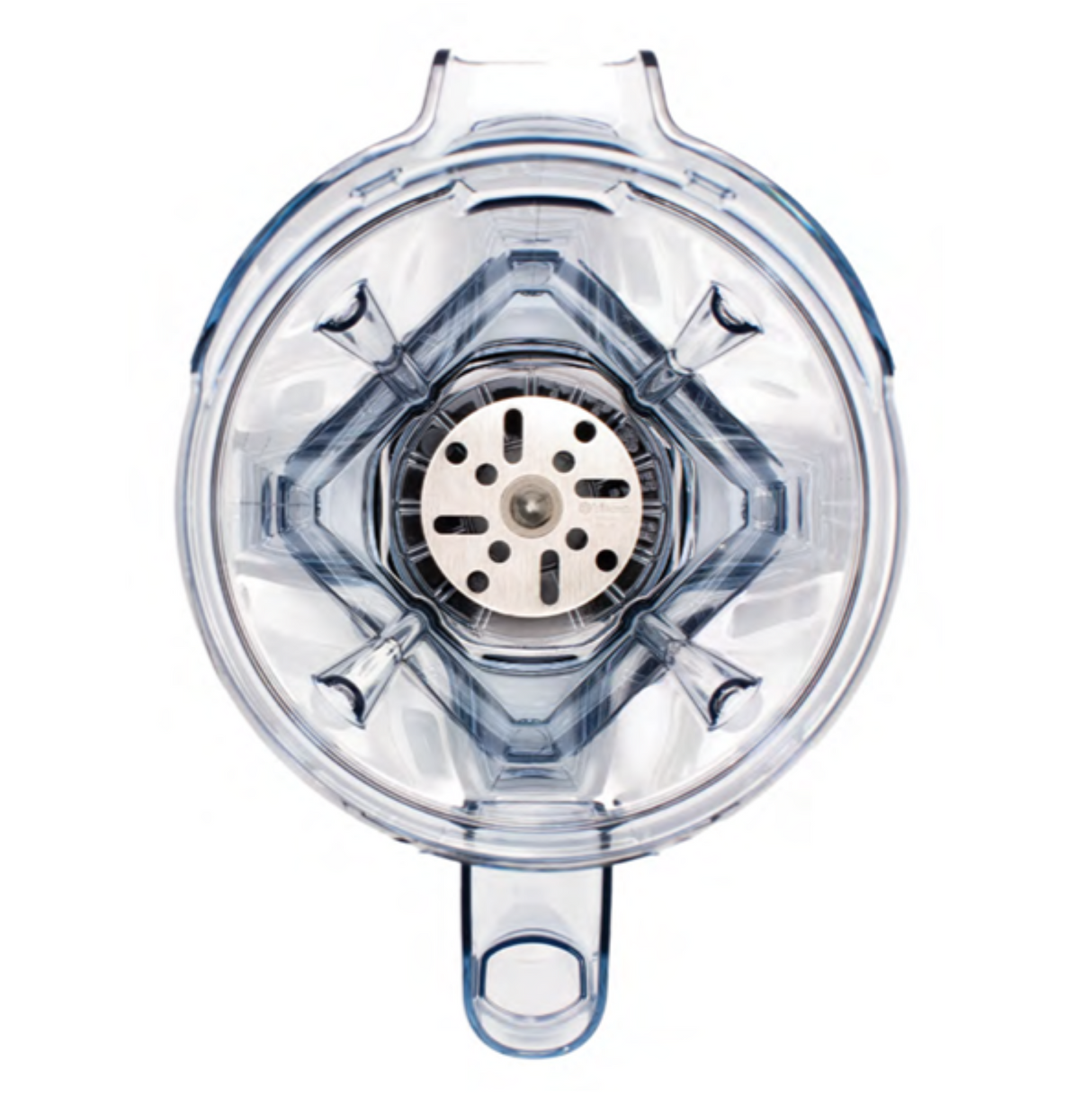 Top-down view of an empty, transparent Vitamix Aer Blend Container with a distinctive aerating blade at the center. The 48 oz blender container features measurement markings and a handle, all brightly lit to emphasize its clean surfaces.