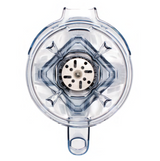 Top-down view of an empty, transparent Vitamix Aer Blend Container with a distinctive aerating blade at the center. The 48 oz blender container features measurement markings and a handle, all brightly lit to emphasize its clean surfaces.