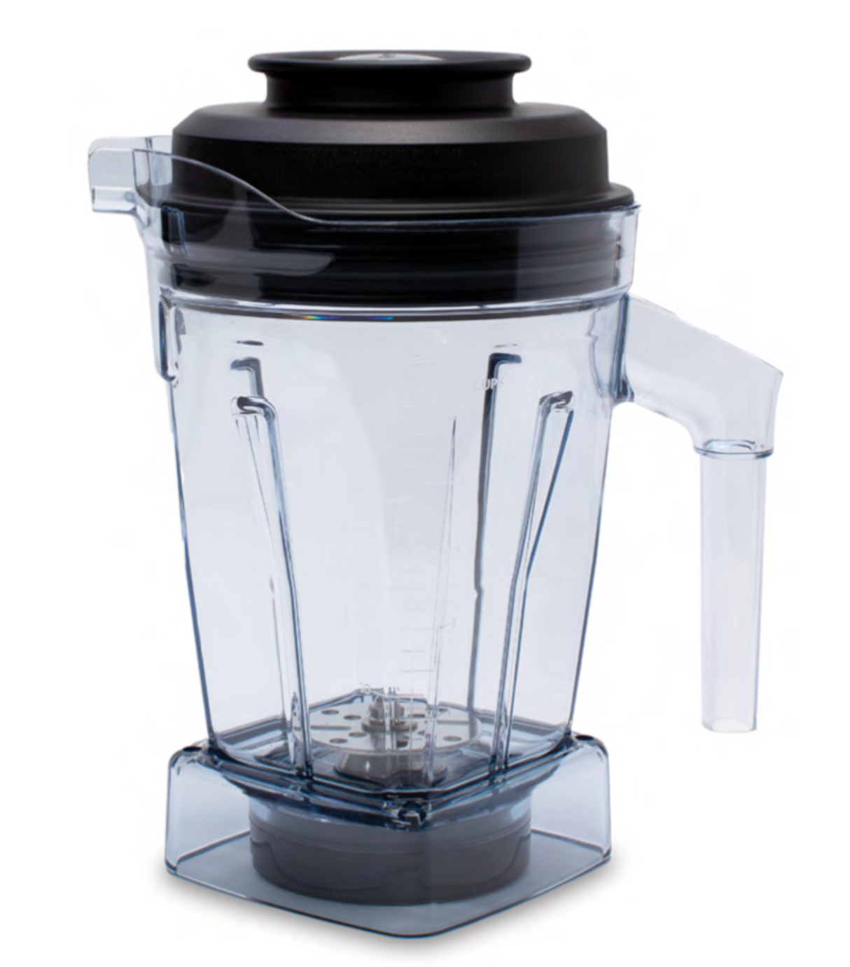 A clear plastic Vitamix Aer Blend Container with vertical ridges, a transparent handle, and a black lid is shown on a white background. This 48 oz container features metal blades at the base and measurement markings along its side.