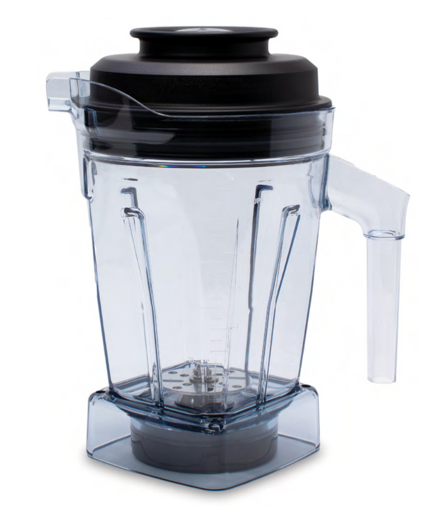 A clear plastic Vitamix Aer Blend Container with vertical ridges, a transparent handle, and a black lid is shown on a white background. This 48 oz container features metal blades at the base and measurement markings along its side.