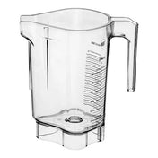 A clear 48 oz blender container with a large handle and spout. Measurement markings in ounces and milliliters are printed vertically on the BPA Free Tritan container. The bottom features a circular ridge designed to fit onto a blender base.