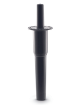 A black, cylindrical garden sprinkler head with a wider middle section and flat top, similar in shape to some Vitamix container accessories. The top features a central nozzle and textured markings, standing upright against a white background.