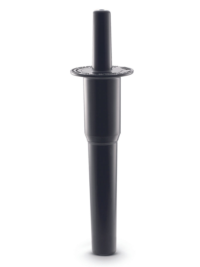 A black, cylindrical garden sprinkler head with a wider middle section and flat top, similar in shape to some Vitamix container accessories. The top features a central nozzle and textured markings, standing upright against a white background.