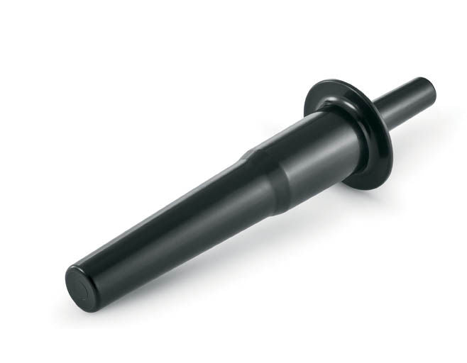 A black plastic Vitamix tamper, 12-3/4" long, with a cylindrical, tapered shape and circular flange for safely pushing ingredients toward blender blades. This smooth, matte-finish tool is an essential Vitamix container accessory.