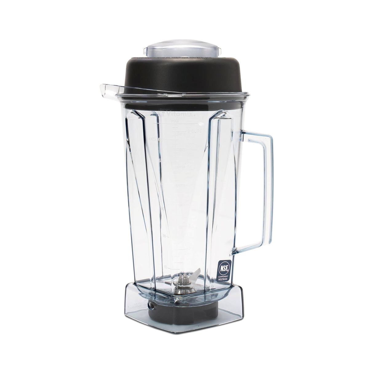 A clear 64 oz BPA free Vitamix blender container with a black lid and right-side handle. The jar sits on a square base, features measurement markings, and is compatible with Vita-Prep. The NSF certification logo appears near the base.