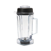 A clear 64 oz BPA free Vitamix blender container with a black lid and right-side handle. The jar sits on a square base, features measurement markings, and is compatible with Vita-Prep. The NSF certification logo appears near the base.