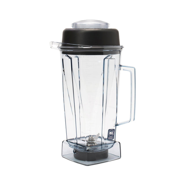 A clear 64 oz BPA free Vitamix blender container with a black lid and right-side handle. The jar sits on a square base, features measurement markings, and is compatible with Vita-Prep. The NSF certification logo appears near the base.