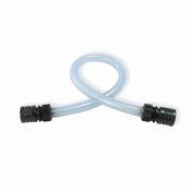 A clear flexible PVC hose with black connectors at both ends is arranged in a loose loop on a white background. The hose, ideal for a Vitamix Rinse-O-Matic hose replacement kit, features visible mesh-like reinforcement within its tubing.