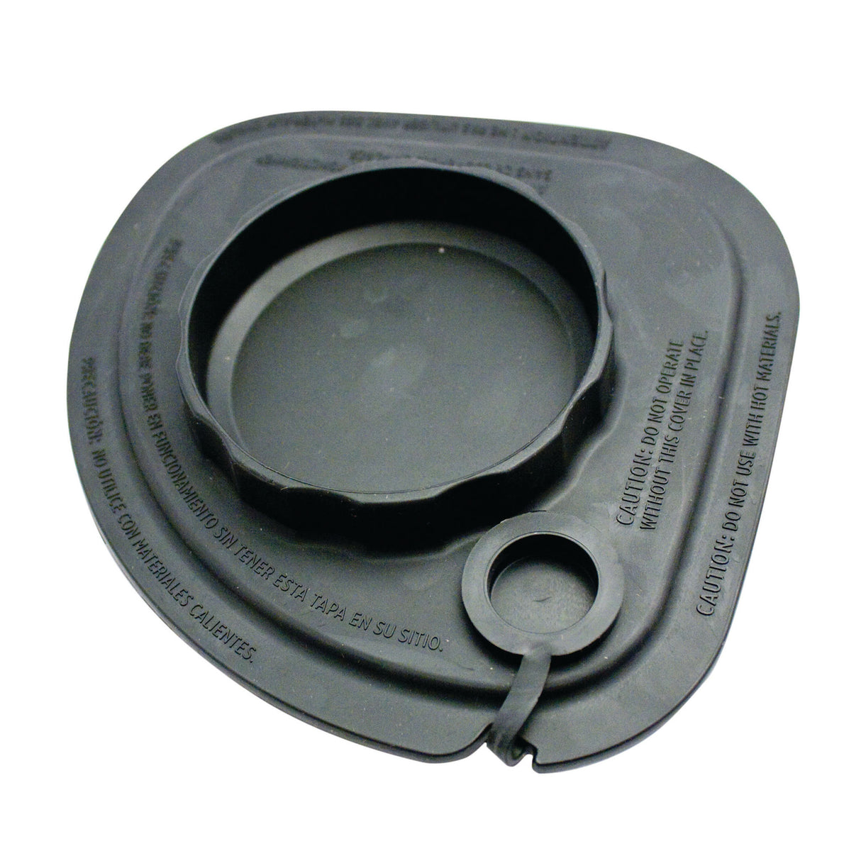 A black, round-edged Vitamix Splash Lid with a large central opening and tethered lid plug. Text in Spanish and English warns against using hot food. The slightly flexible lid is likely designed for Advance containers.
