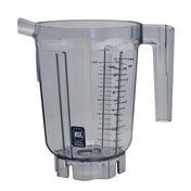 A clear plastic Vitamix blender container with a handle, spout, and vertical measurement markings in ounces, milliliters, and cups. This 32 oz BPA free blender jar features base notches for secure attachment and displays the NSF certification logo near the bottom front.