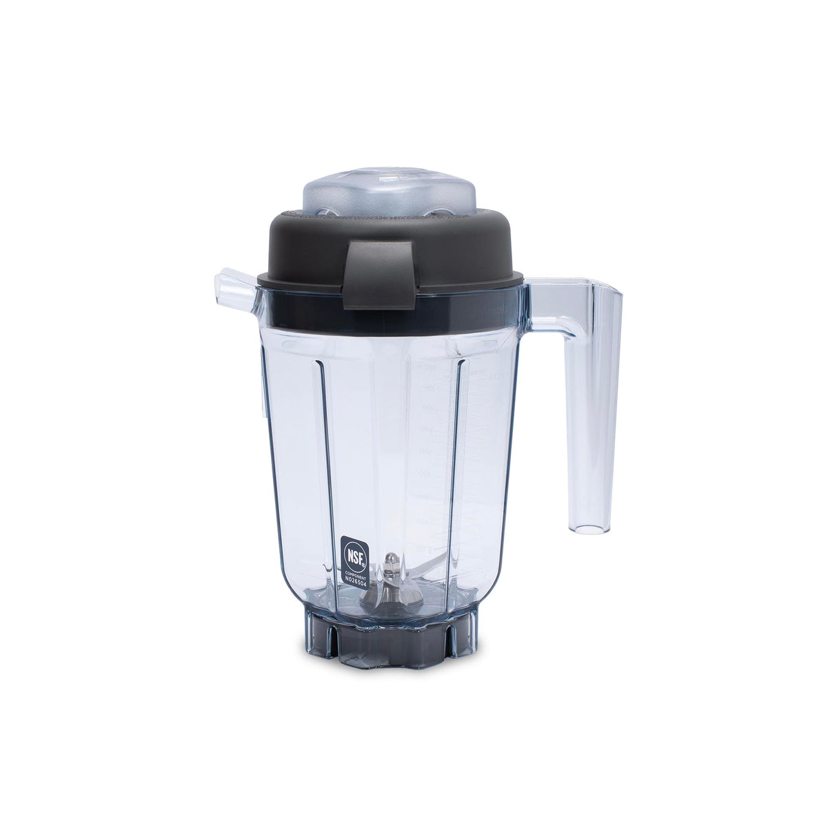 A clear 32 oz blender pitcher with a handle on the right, a black lid, and visible metal blades at the bottom. Made from BPA free Tritan, it's clean and empty on a white background. Measurement markings and an NSF label are visible on the side.