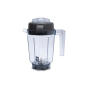 A clear 32 oz blender pitcher with a handle on the right, a black lid, and visible metal blades at the bottom. Made from BPA free Tritan, it's clean and empty on a white background. Measurement markings and an NSF label are visible on the side.