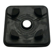 Black square plastic blender base pad for the XL Blending System, with four raised corner supports and a circular center hole. Safety warnings in English and French caution against placing blade assemblies on the base without the container.