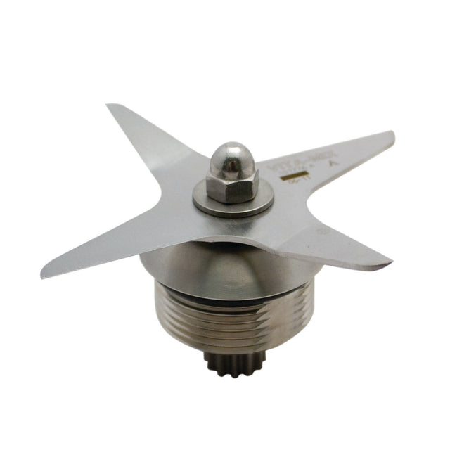 A close-up view of a Vitamix XL Blade Assembly featuring four sharp, angled blades attached to a round base with a threaded edge and central bolt, designed for use in the XL 64 oz container, set against a white background.