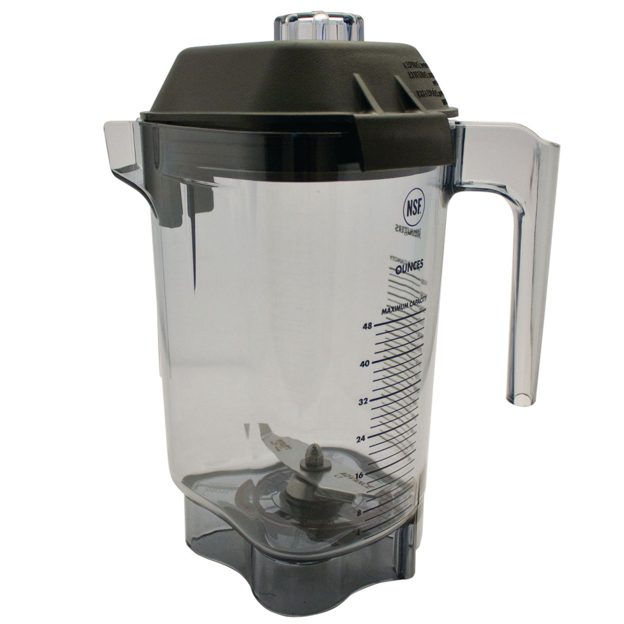 A clear Vitamix 48 oz Tritan container with measurement markings, a right-side handle, sharp metal blades at the bottom, and a black lid on top. The jar features a spout for pouring and an NSF certification label on its side.