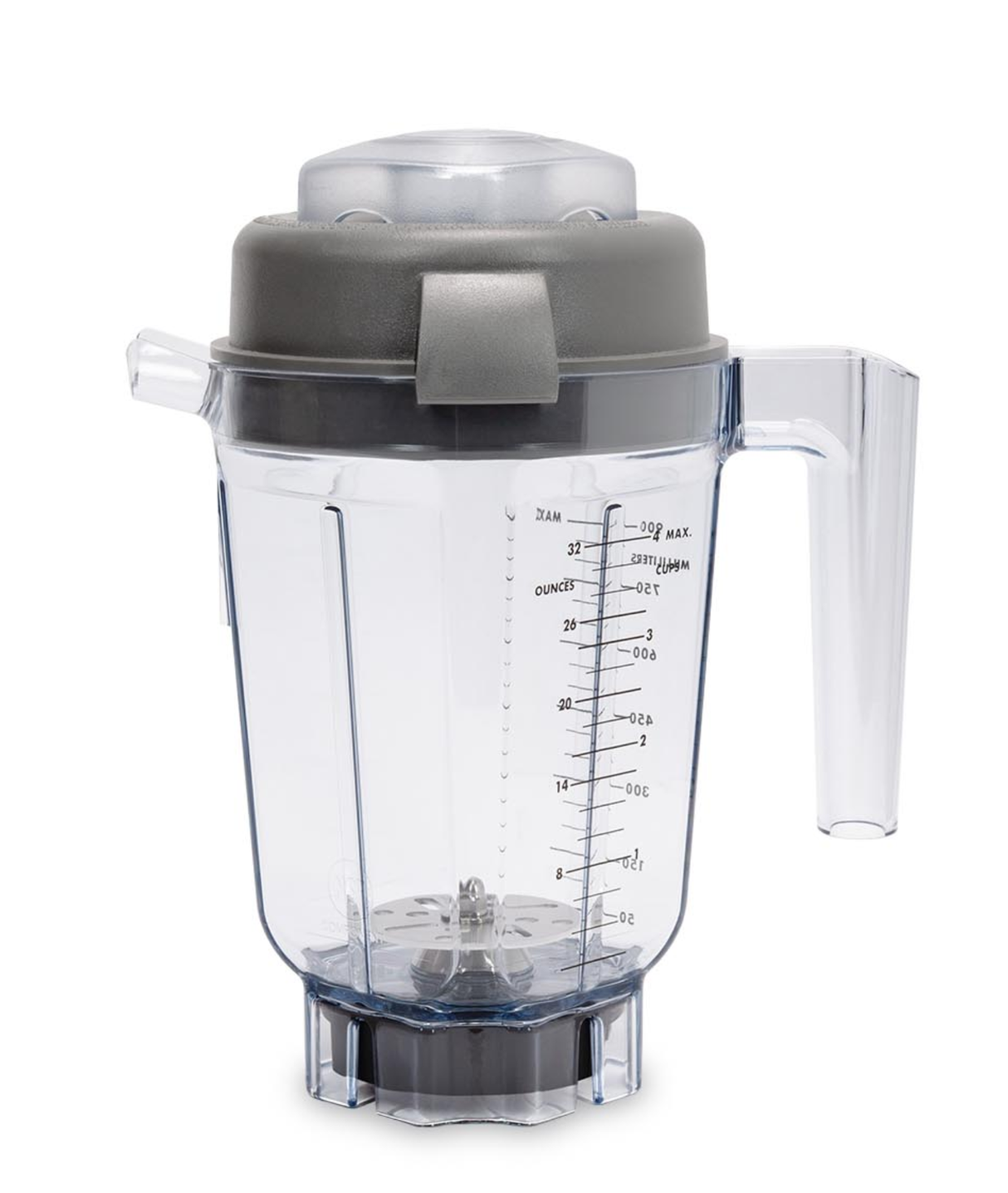 A clear 32 oz BPA Free blender pitcher with a handle, measurement markings, and gray lid. Compatible as a Vitamix Aerating Container, it features metal blades, an easy-pour spout, and a removable center cap for adding ingredients. NSF Compatible.
