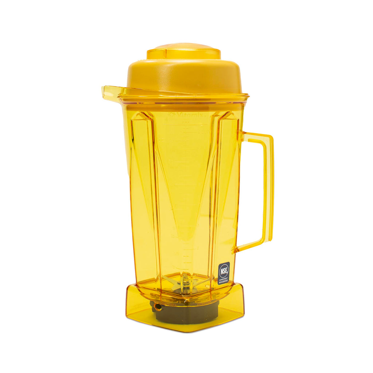 A bright yellow Vita-Prep blender container with a matching lid and handle, made of BPA Free Tritan transparent plastic. It features measurement markings and a black base for the blades. The blender sits upright on a white background.