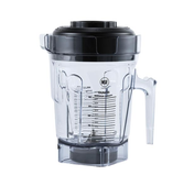 A clear BPA-Free plastic blender jar with measurement markings in ounces and milliliters, a black lid, transparent handle, spout, and square base. The NSF certification logo is visible on the front—compatible with the Vitamix Accelerate Container.