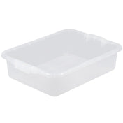 A clear, rectangular plastic food storage box with slightly curved sides and reinforced edges. This NSF freezer safe bin is empty and placed against a white background, featuring small built-in handles on the short sides for easy carrying.